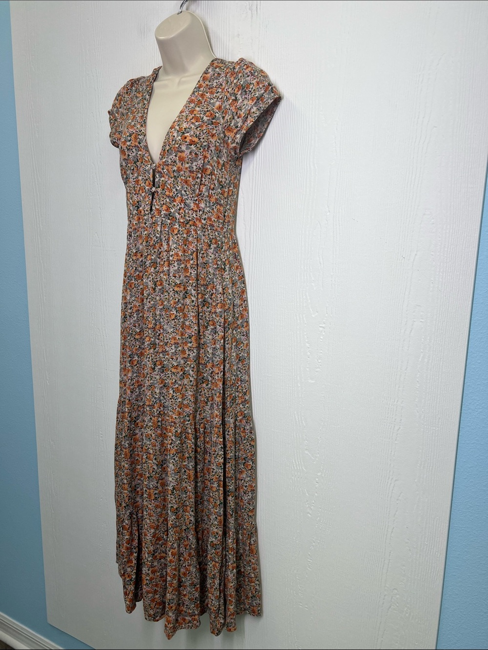 Natural Life - Colorful Floral Short Cottagecore Sleeve V Neck Maxi Dress SZ XS - Picture 6 of 11